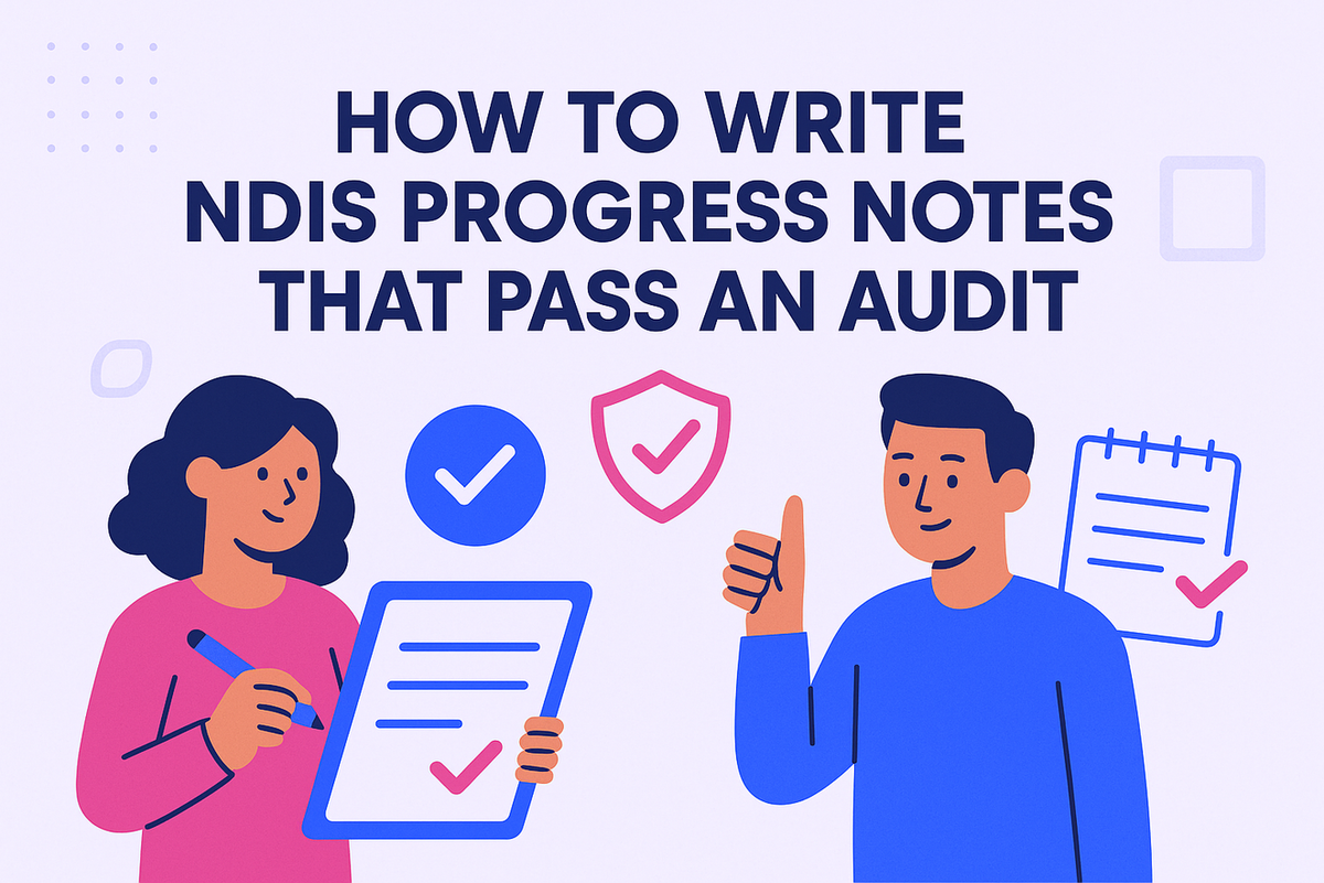 Illustrated flat-design infographic showing NDIS progress notes and audit checklist steps