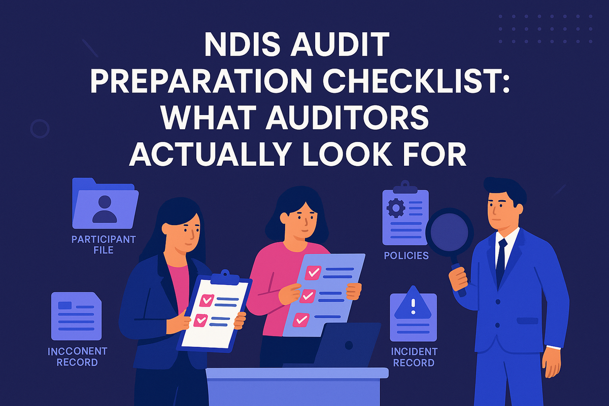 Illustrated flat-design infographic showing checklist items for NDIS audit preparation