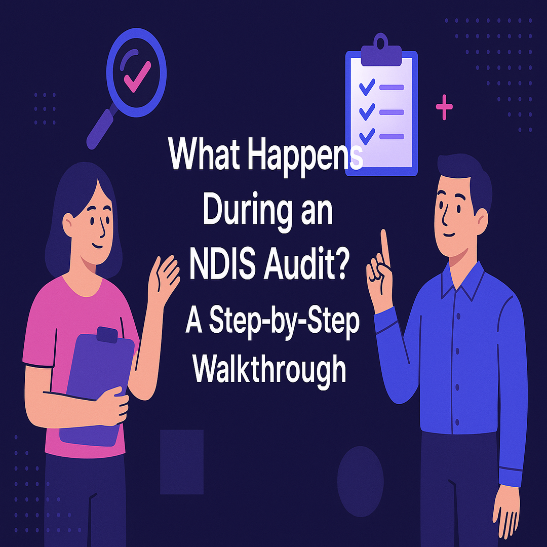Illustrated flat-design infographic showing steps of an NDIS audit journey from start to finish