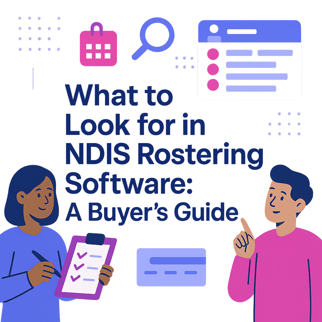 Illustrated flat-design infographic showing NDIS rostering software features and guide elements