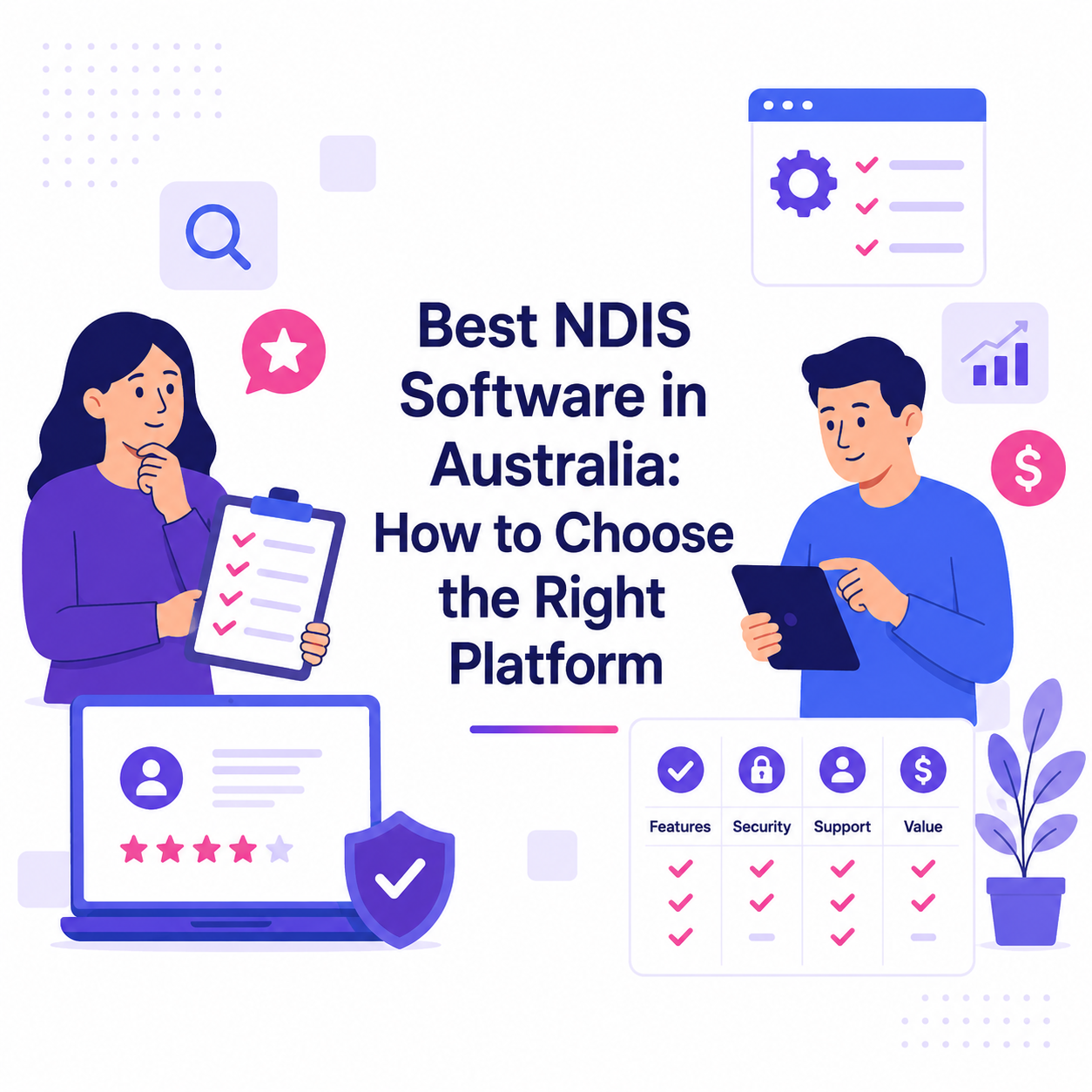 Illustrated flat-design infographic cover showing NDIS software evaluation and selection criteria