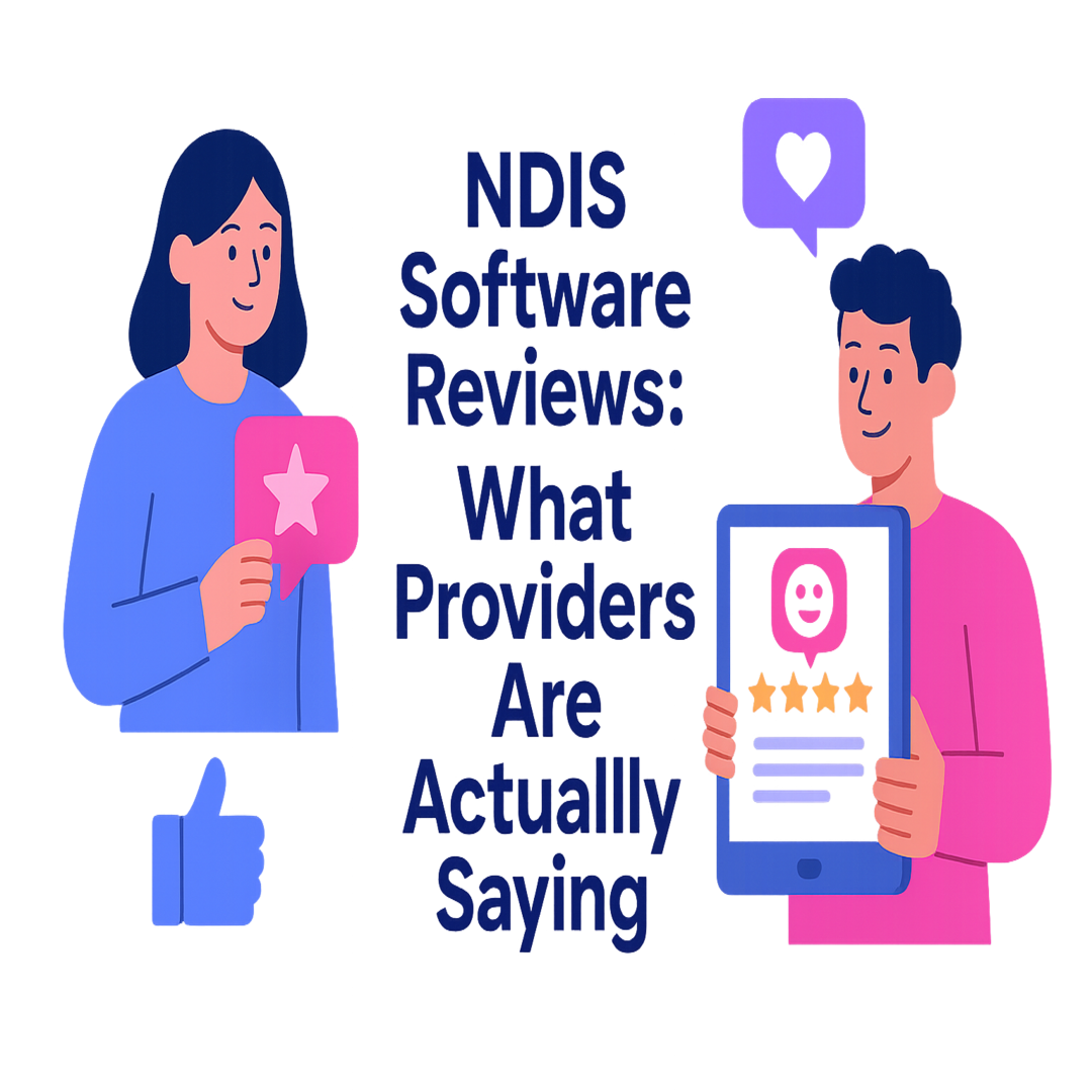 Illustrated flat-design infographic showing provider reviews and feedback for NDIS software