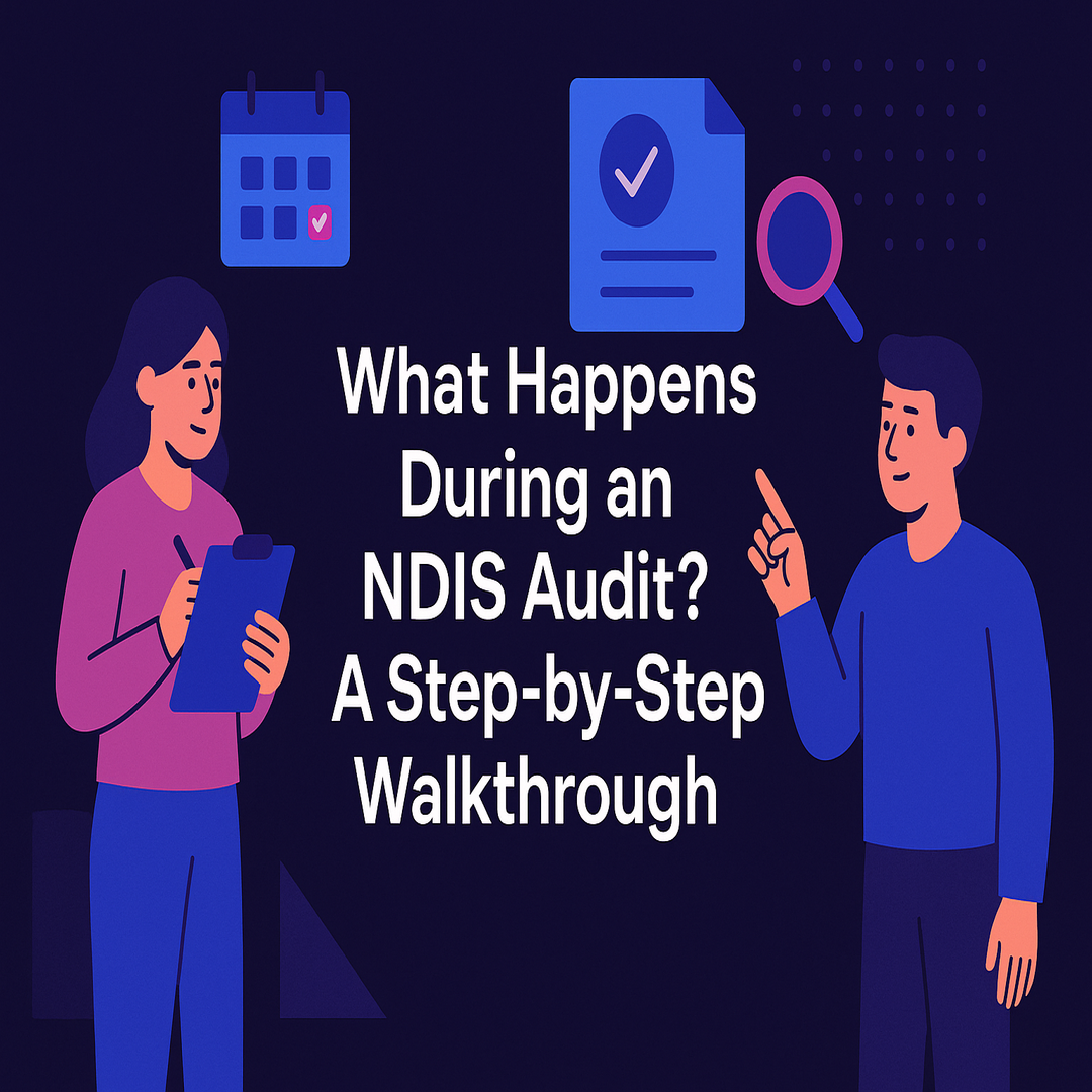 Illustrated flat-design infographic showing steps of an NDIS audit process from start to finish