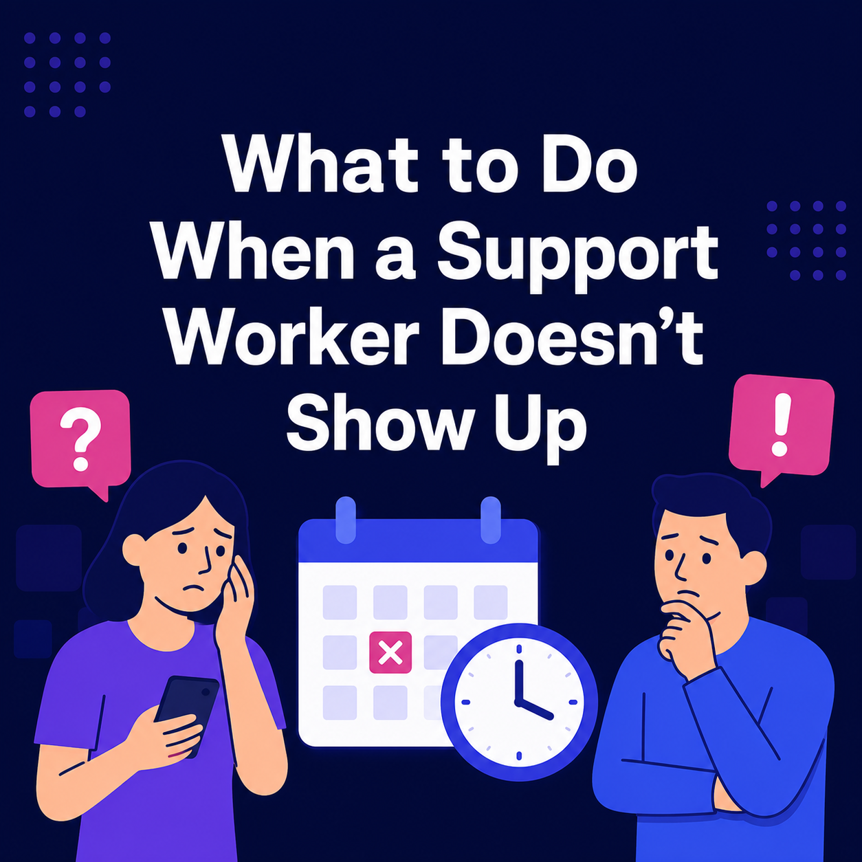 Illustrated infographic cover showing a decision tree for missed NDIS support workers scenario