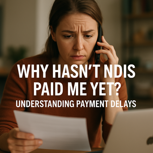 Concerned person checking their phone about NDIS payment delays, with symbols of time and support.