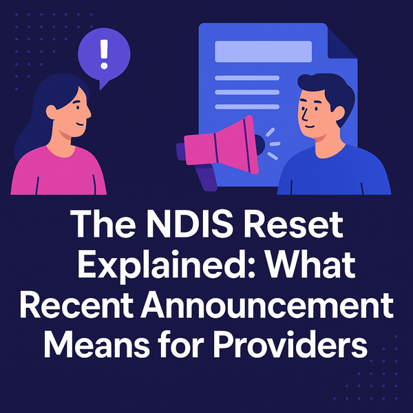Illustrated flat-design infographic showing NDIS software and provider icons for blog cover