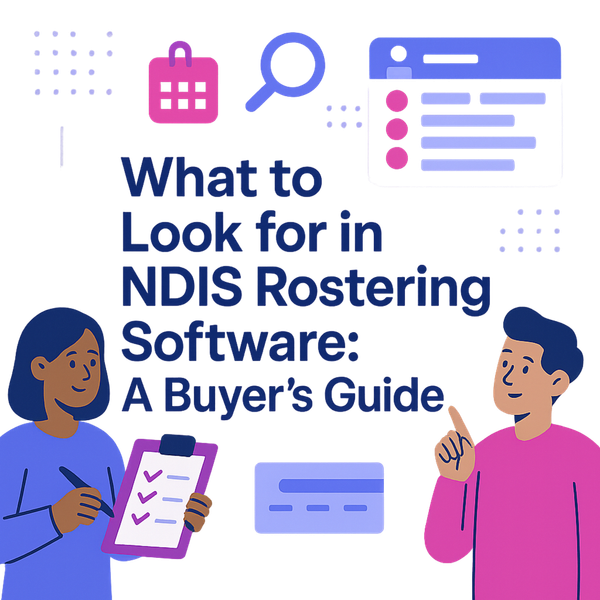 Illustrated flat-design infographic showing NDIS rostering software features and guide elements
