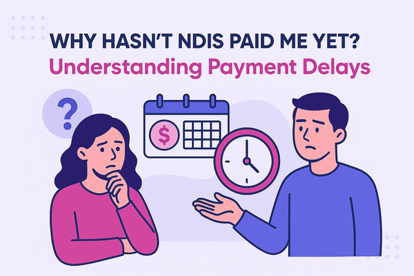 Illustrated flat-design infographic showing NDIS payment delay concepts for a blog cover
