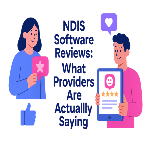 Illustrated flat-design infographic showing provider reviews and feedback for NDIS software